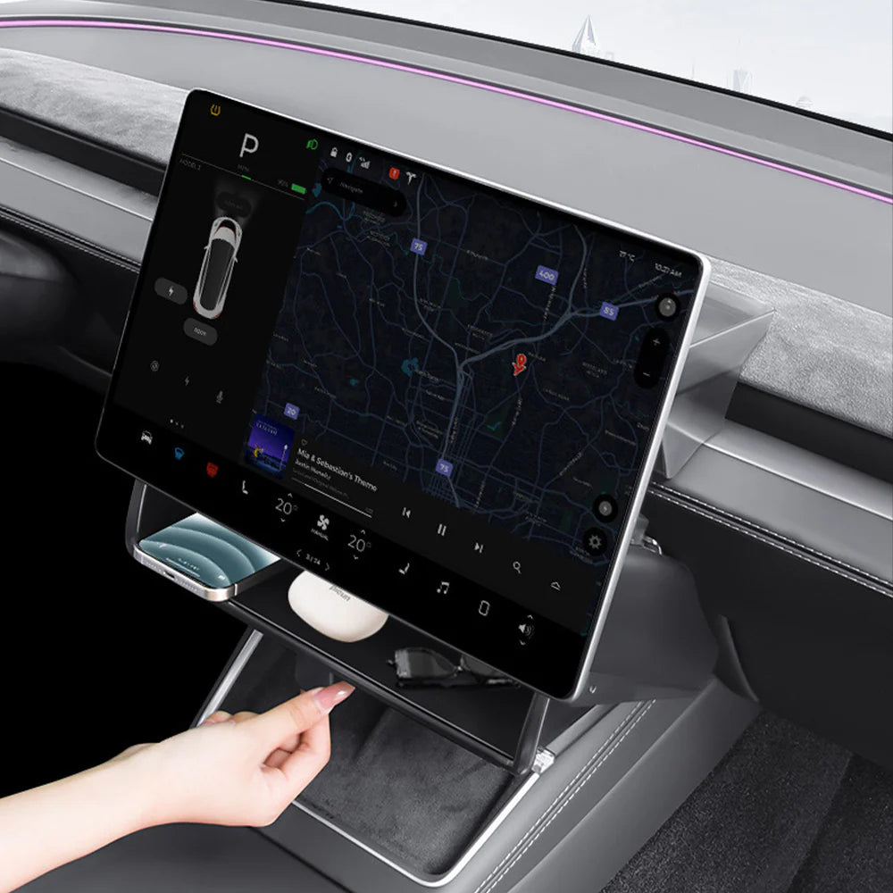 Under Screen Storage Organizer Tray for Tesla Model 3 Highland 2024+ & Model Y Juniper 2026+ – Center Display Hidden Storage Box with Anti-Slip Mat, No-Drill Interior Organizer