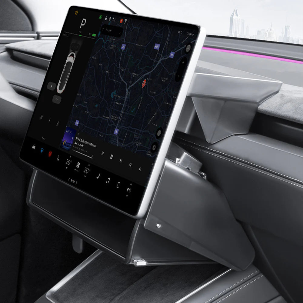 Under Screen Storage Organizer Tray for Tesla Model 3 Highland 2024+ & Model Y Juniper 2026+ – Center Display Hidden Storage Box with Anti-Slip Mat, No-Drill Interior Organizer