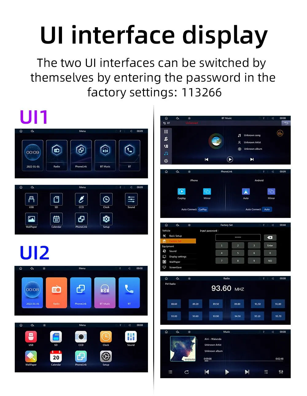 Universal 10.26 Car Radio with Bluetooth, AUX, USB, FM/AM radio, and hands-free phone calls.