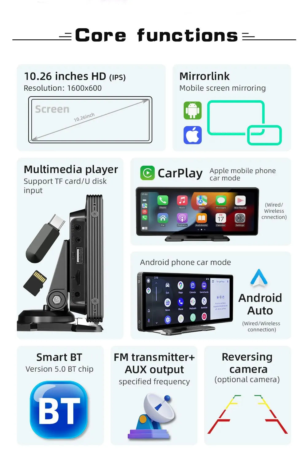 Universal Car Radio features a 10.26-inch HD IPS display for screen mirroring, supports various multimedia players and modes.