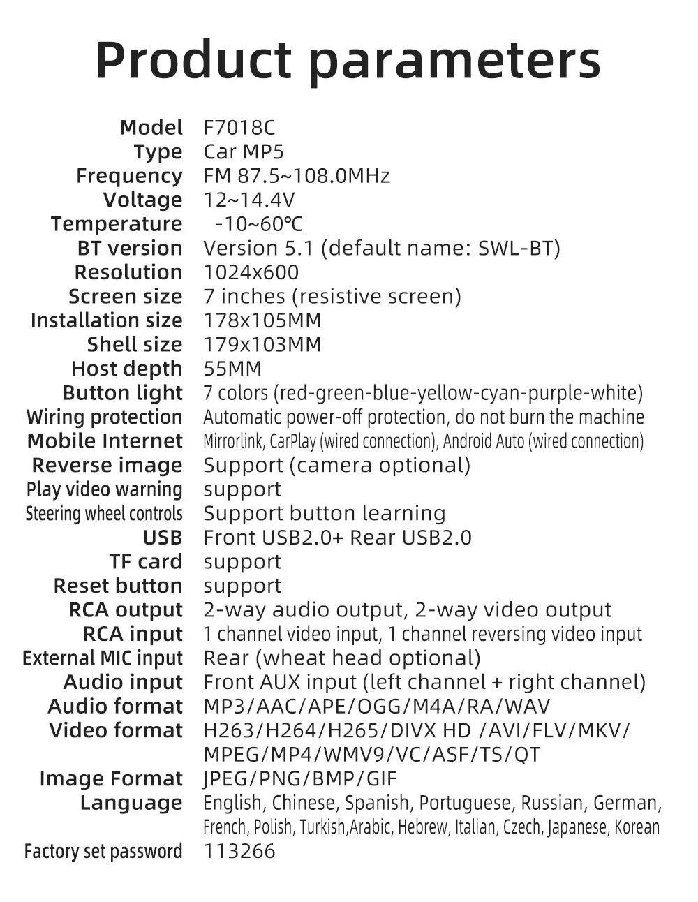 Universal CarPlay, Ford F7018C Car Radio features include carplay, android auto, and mirrorlink with a resistive screen and various connectivity options.