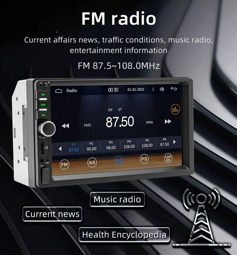 Universal CarPlay, Ford car radio features news, traffic, music, and entertainment on a frequency range of 87.5-108 MHz.