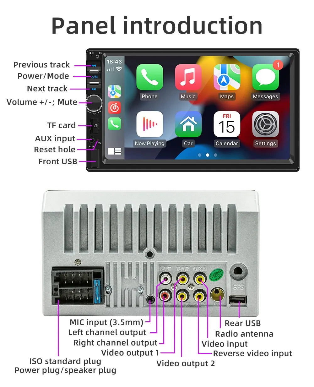 Universal CarPlay, Introducing an 18.43-inch panel with various features including navigation, music, phone, and settings.