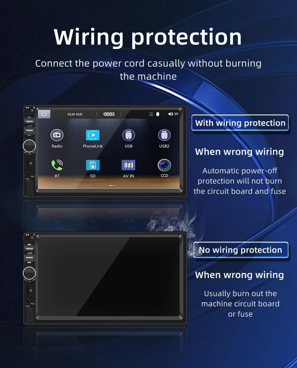 Universal CarPlay, To prevent device damage, connect the power cord carefully and use features like Wiring Protection, Automatic Power-Off, and AV IN CCD protection.