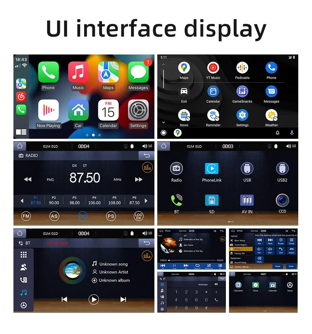 Universal CarPlay, Ultrasonic interface displays various functions including maps, music, messages, and settings for calendar, news, and weather updates.