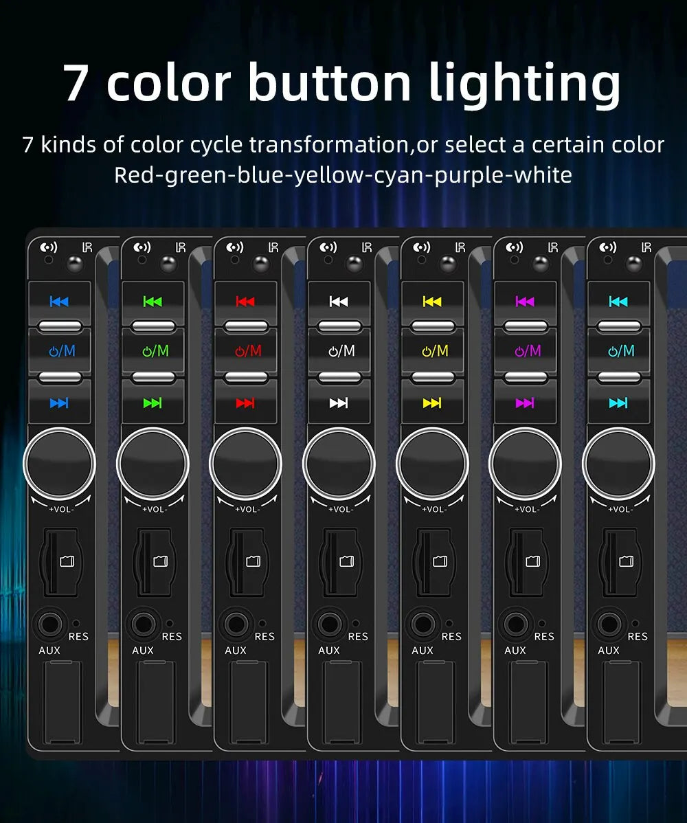 Universal CarPlay, Universal car radio has 7 color button lighting and various features like SIM, O/M, +VOL, VOL, RES, AUX, etc.