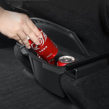 Upgraded Rear Center Console Storage Box for Tesla Model Y Juniper 2025.03+ | Integrated Lid Anti-Rattle TPE Trash Organizer & Interior Storage Tray for Model Y Standard / Premium / Performance