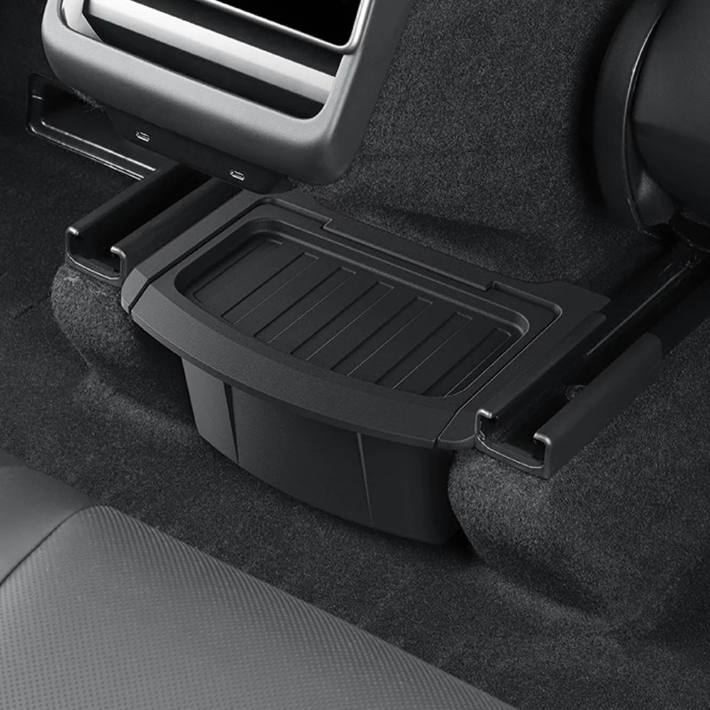 Upgraded Rear Center Console Storage Box for Tesla Model Y Juniper 2025.03+ | Integrated Lid Anti-Rattle TPE Trash Organizer & Interior Storage Tray for Model Y Standard / Premium / Performance