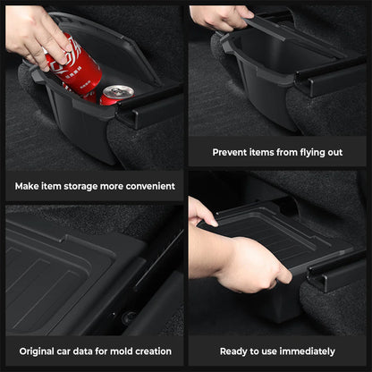Upgraded Rear Center Console Storage Box for Tesla Model Y Juniper 2025.03+ | Integrated Lid Anti-Rattle TPE Trash Organizer & Interior Storage Tray for Model Y Standard / Premium / Performance