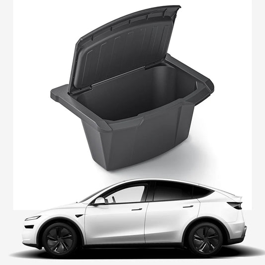 Upgraded Rear Center Console Storage Box for Tesla Model Y Juniper 2025.03+ | Integrated Lid Anti-Rattle TPE Trash Organizer & Interior Storage Tray for Model Y Standard / Premium / Performance