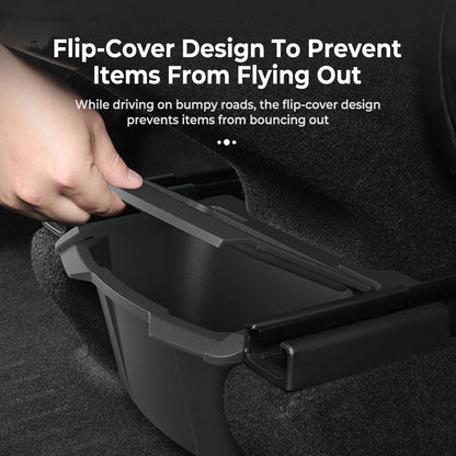 Upgraded Rear Center Console Storage Box for Tesla Model Y Juniper 2025.03+ | Integrated Lid Anti-Rattle TPE Trash Organizer & Interior Storage Tray for Model Y Standard / Premium / Performance