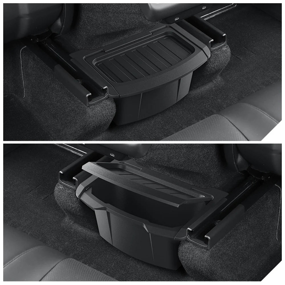 Upgraded Rear Center Console Storage Box for Tesla Model Y Juniper 2025.03+ | Integrated Lid Anti-Rattle TPE Trash Organizer & Interior Storage Tray for Model Y Standard / Premium / Performance