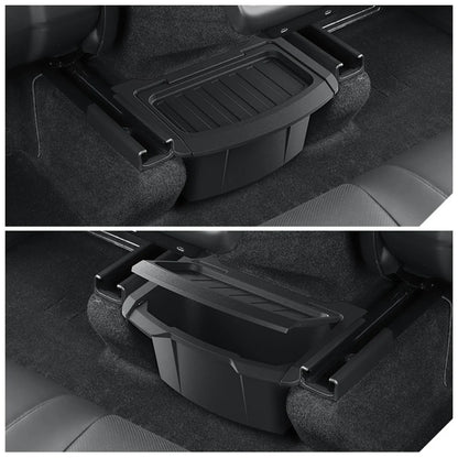 Upgraded Rear Center Console Storage Box for Tesla Model Y Juniper 2025.03+ | Integrated Lid Anti-Rattle TPE Trash Organizer & Interior Storage Tray for Model Y Standard / Premium / Performance