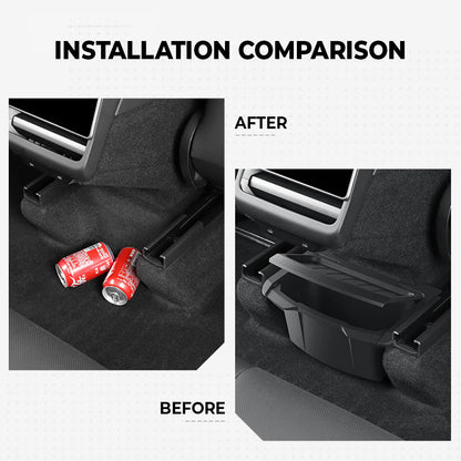 Upgraded Rear Center Console Storage Box for Tesla Model Y Juniper 2025.03+ | Integrated Lid Anti-Rattle TPE Trash Organizer & Interior Storage Tray for Model Y Standard / Premium / Performance