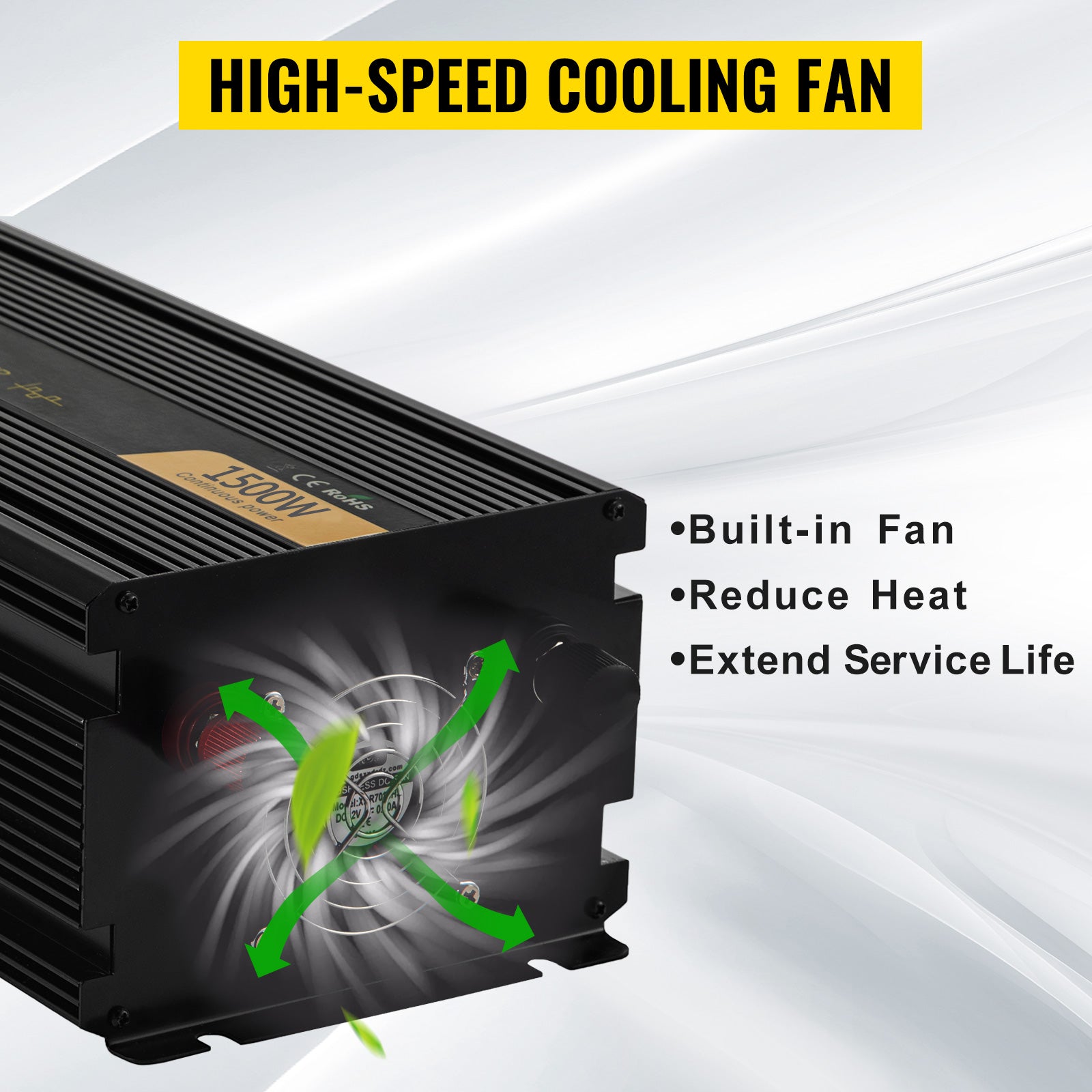 VEVOR Modified Sine Wave Power Inverter, A cooling fan reduces heat and prolongs lifespan.