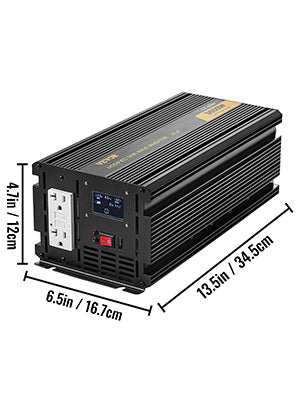 VEVOR Modified Sine Wave Power Inverter, A modified sine wave inverter with 1500W power, converting DC24V to AC120V, featuring a high efficiency of 91%, and various safety measures.