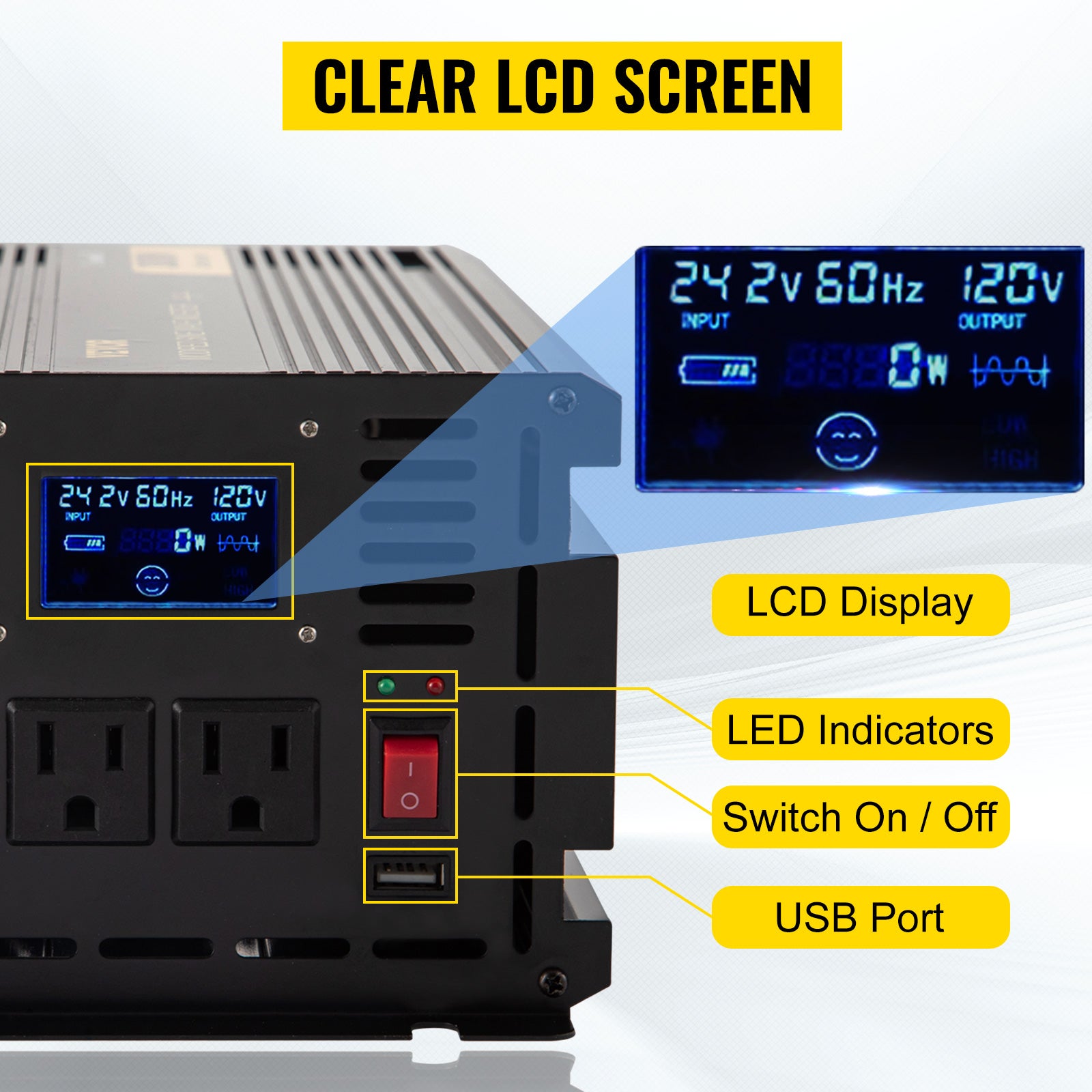 VEVOR Modified Sine Wave Power Inverter, Clear LCD Screen with 242V and 1444Hz I2C communication, no joystick, equipped CPU, LED indicators and USB port.