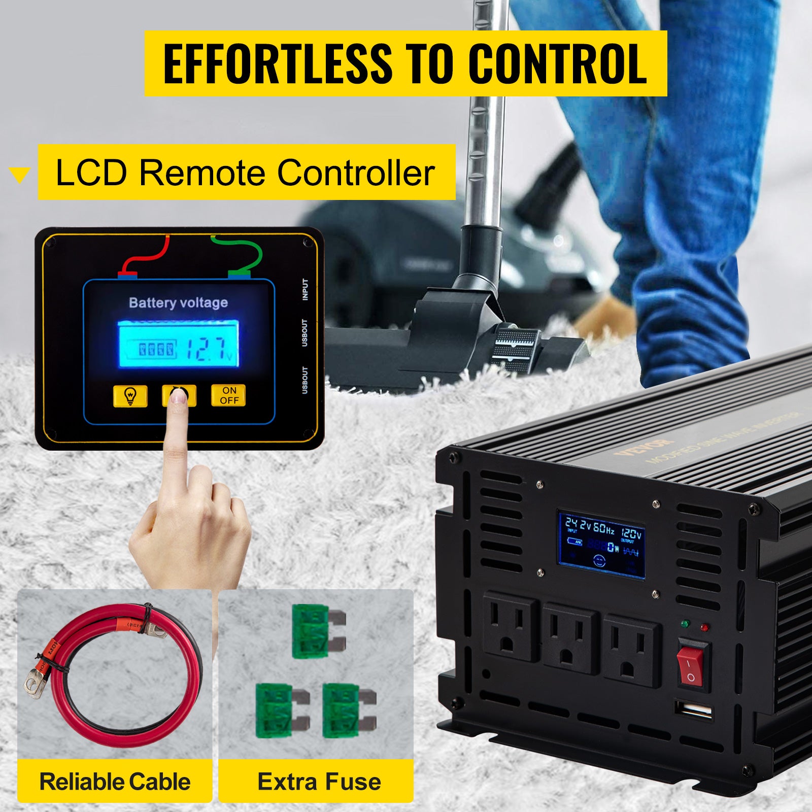 VEVOR Modified Sine Wave Power Inverter, Controller features effortless control, reliable cable, and extra fuse, suitable for LCD remote use with battery voltage of 7V on or off.