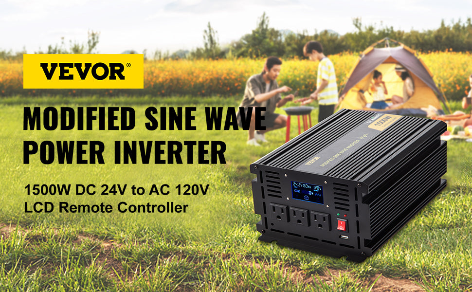 VEVOR Modified Sine Wave Power Inverter, Modified sine wave power inverter converts DC 24V to AC 120V, featuring LCD display and remote control.