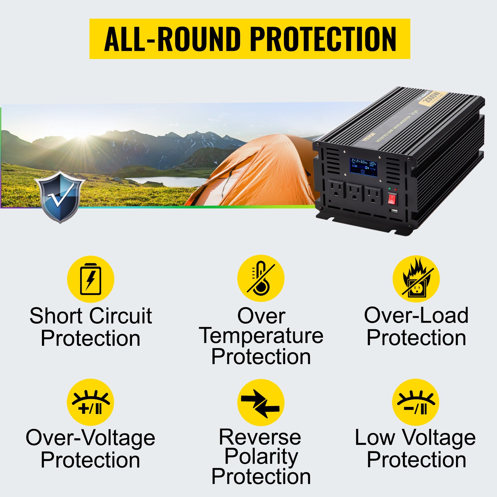 VEVOR Modified Sine Wave Power Inverter, Protection features for electrical devices including short circuit, overload, high temperature, overvoltage, reverse, low voltage, and polarity protection.