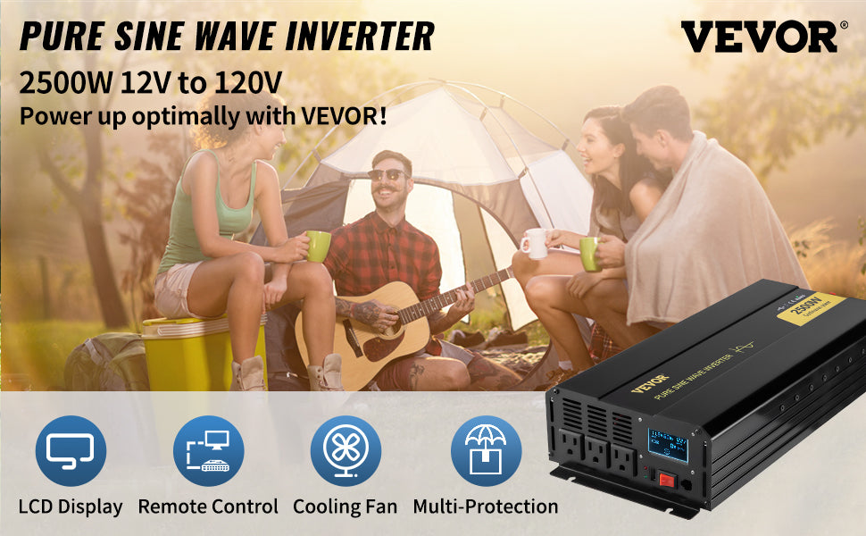 VEVOR Pure Sine Wave Power Inverter, 2500W Power Inverter,Pure Sine Wave,DC12V to AC120V