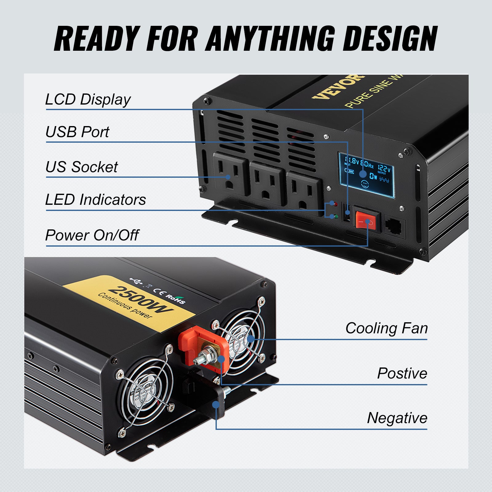 2500W Power Inverter,Pure Sine Wave,DC12V to AC120V