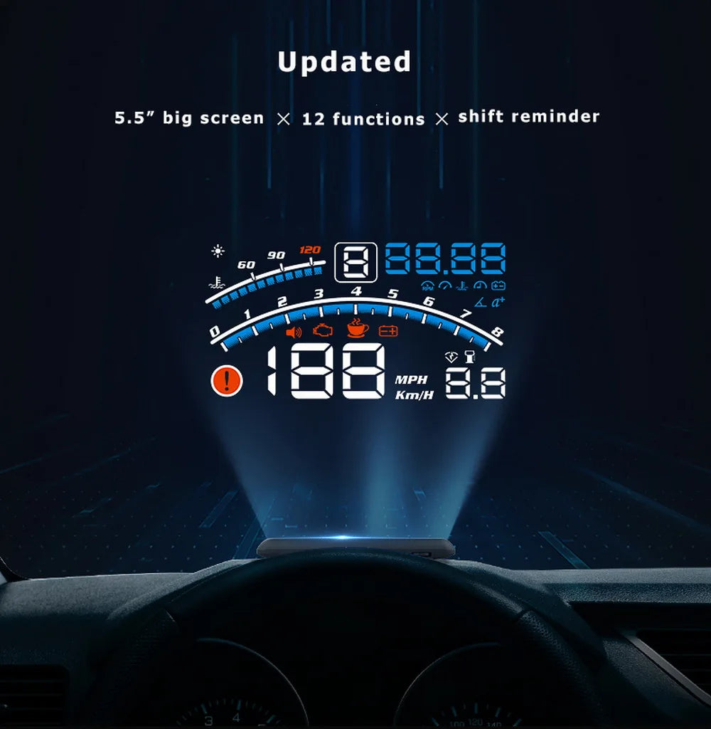 VJOYCAR HUD, Car dashboard display features updated 5.5 inch screen with multiple functions and displays speed, odometer, trip computer, and power gauge information.