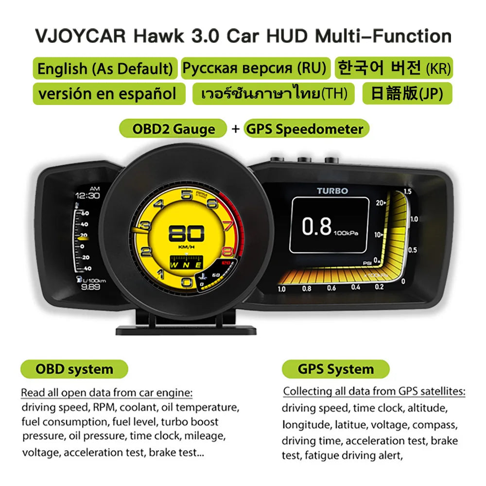 Vjoy Hawk 3.0 Car HUD, Car HUD display with multilingual support, featuring OBD2 gauge, GPS speedometer, turbo boost, and more.