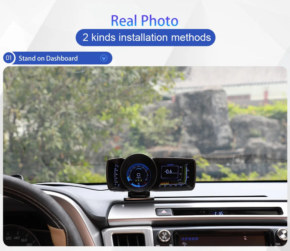 Vjoy Hawk 3.0 Car HUD, Real photo 2 offers two installation methods: stand on dashboard at an angle or no obstruction, suitable for most cockpits.