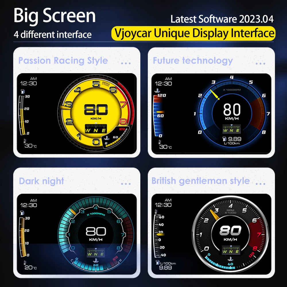 Vjoy Hawk 3.0 Car HUD, The Big Screen Latest Software features a unique racing-style interface, supporting up to 4 interfaces, with a resolution of 12.30 inches and 60 Hz refresh rate.