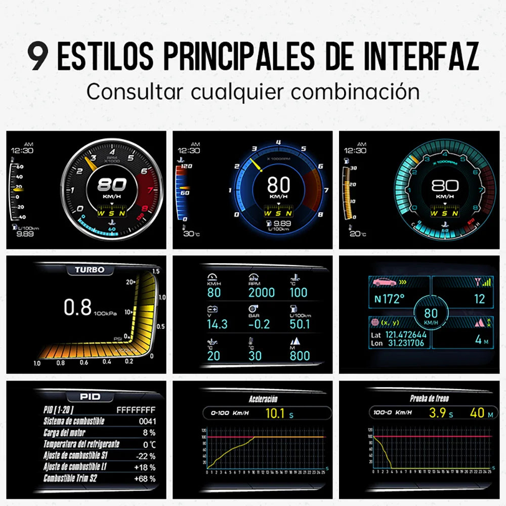 Vjoy Hawk 3.0 Car HUD, The Vjoy Hawk 3.0 HUD features nine main interface styles and displays key metrics including speed, temperature, and fuel consumption.