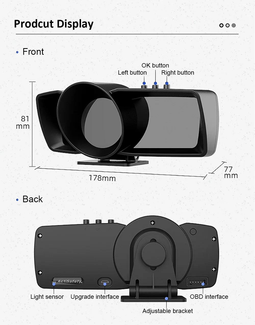 Vjoy Hawk 3.0 Car HUD, The Vjoy Hawk HUD features a display front, OK button, left/right buttons, measures 81mm x 77mm x 178mm, and includes acoustic/light sensors, interfaces, and an adjustable bracket.