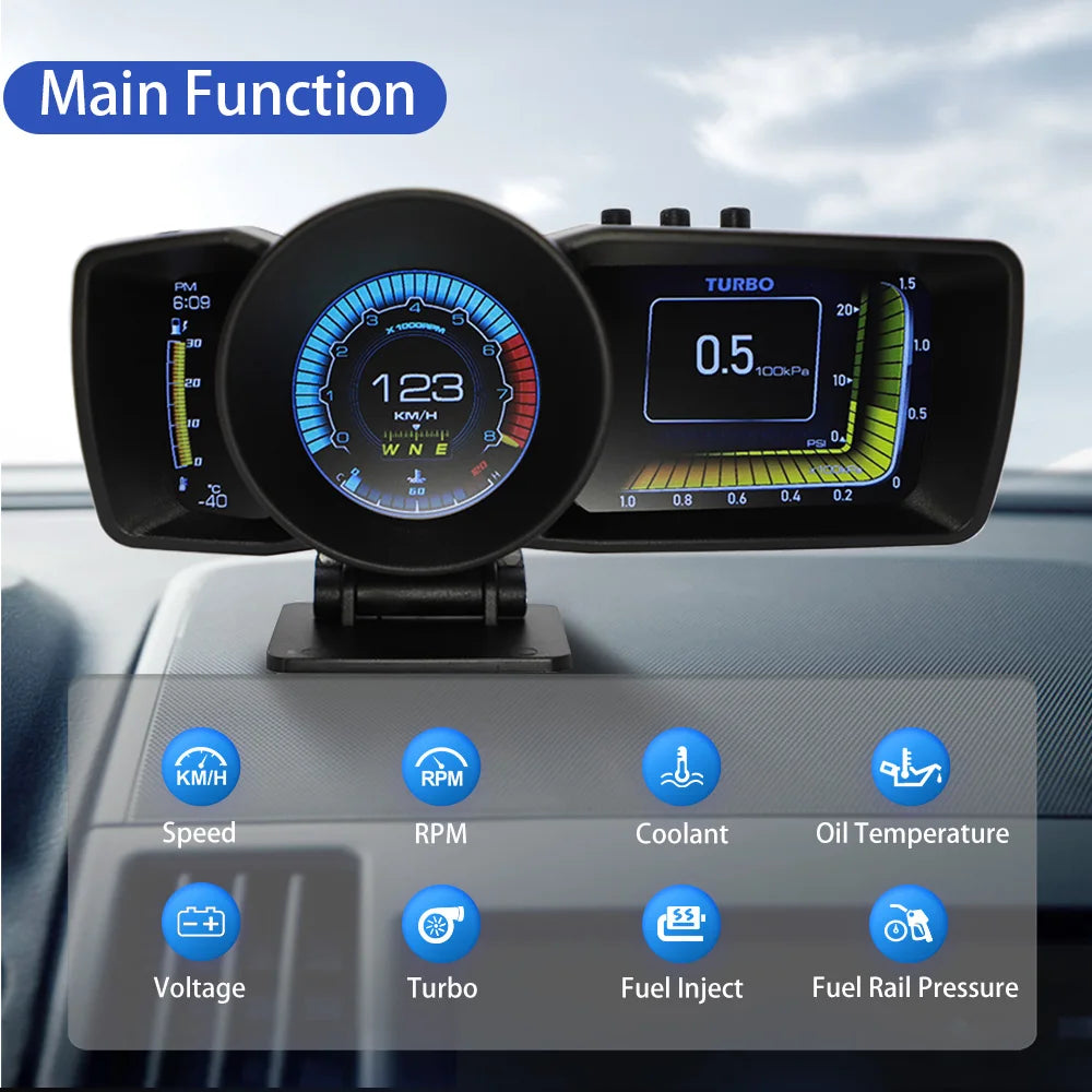 Vjoy Hawk 3.0 Car HUD, Vjoy Hawk 3.0 Head-Up Display (HUD) features a Main Function with performance monitoring indicators.