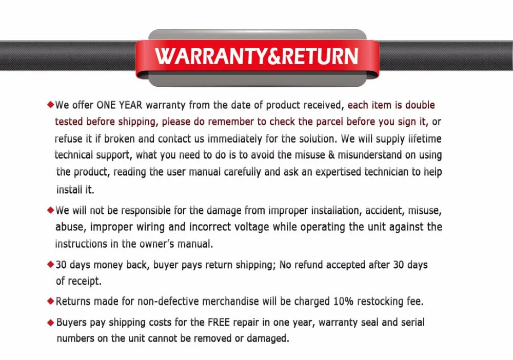 We offer a 1-year warranty, lifetime technical support, and a 30-day money-back guarantee. Follow installation instructions to avoid damage.