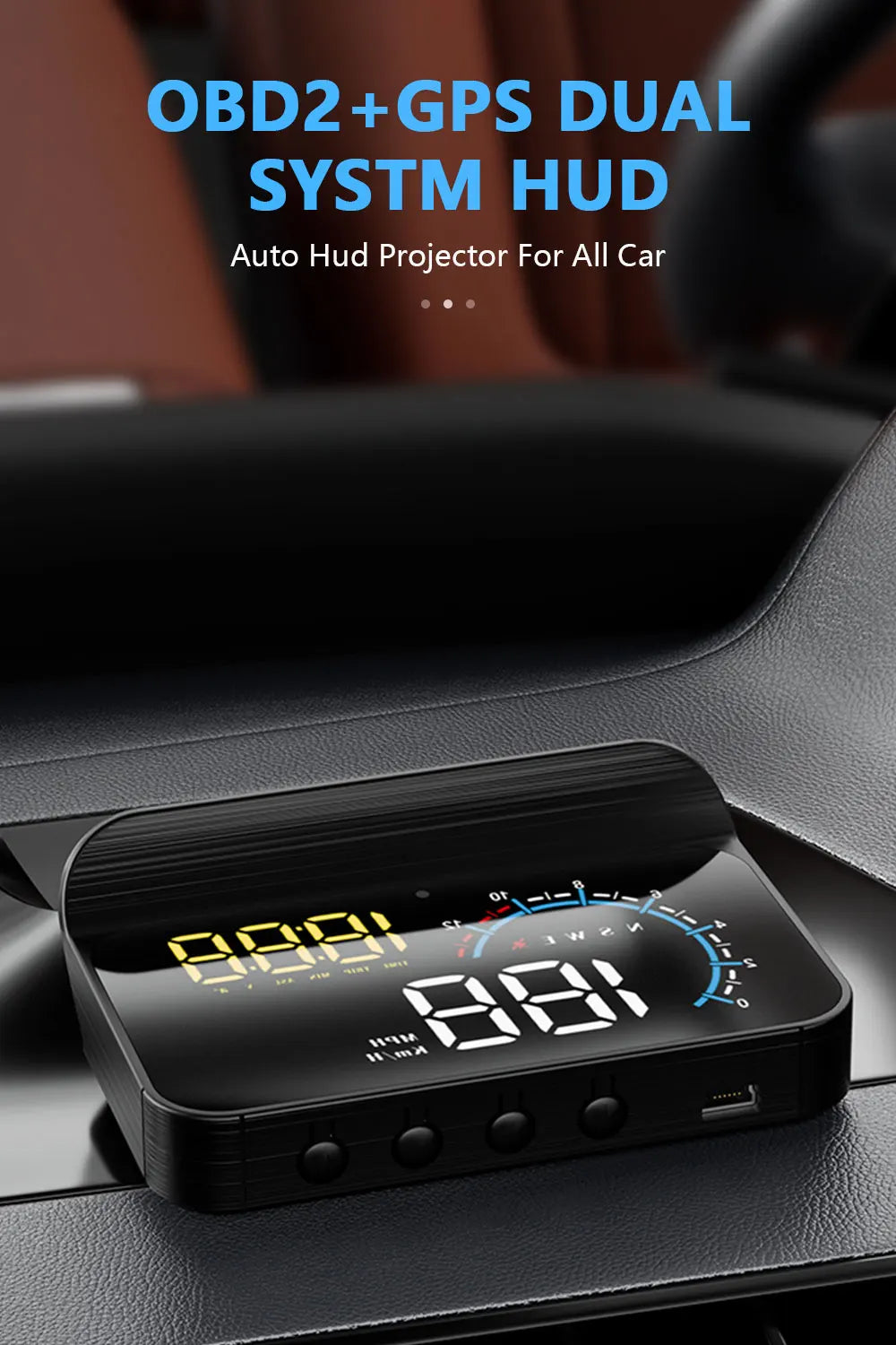 WiiYii M12 Car OBD2 GPS HUD, Advanced OBD2 and GPS tech integrates into a dual system for a car HUD projector displaying vital info.