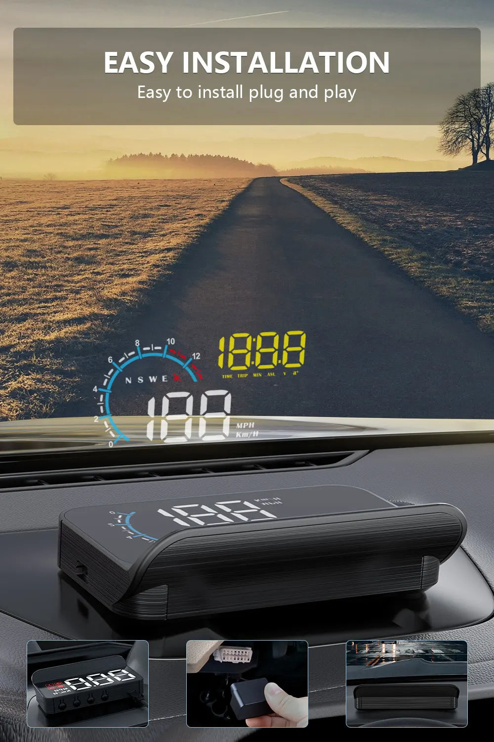 WiiYii M12 Car OBD2 GPS HUD, Product features easy installation and a 10-inch color display for an OBD-II scan tool.