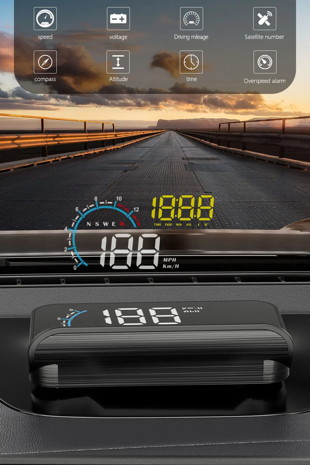 WiiYii M12 Car OBD2 GPS HUD, The WiiYii M12 Car HUD displays essential information for safe navigation, including speed, voltage, mileage, compass direction, altitude, time, and overspeed alarm.