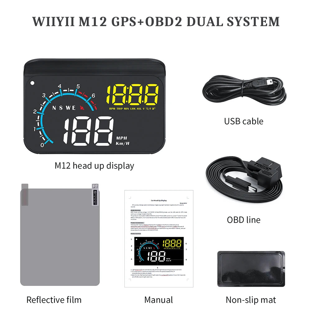 WiiYii M12 Car OBD2 GPS HUD, WiiYii M12 GPS and OBD2 system for vehicle tracking and diagnostics.