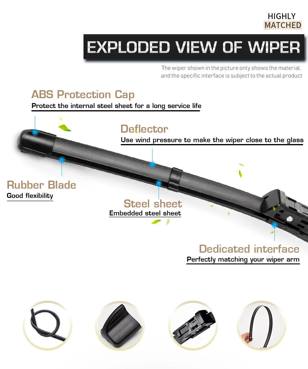 Wiper blades for BMW X1 F48 (2015-2022) featuring ABS protection, deflector design and rubber blade for good flexibility.