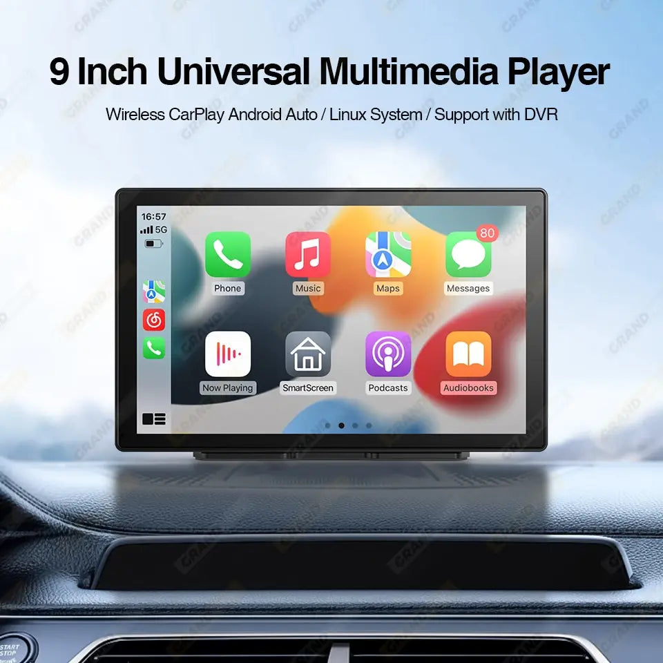 Wireless car radio with multimedia player features CarPlay, Android Auto, and Linux system for various functions.