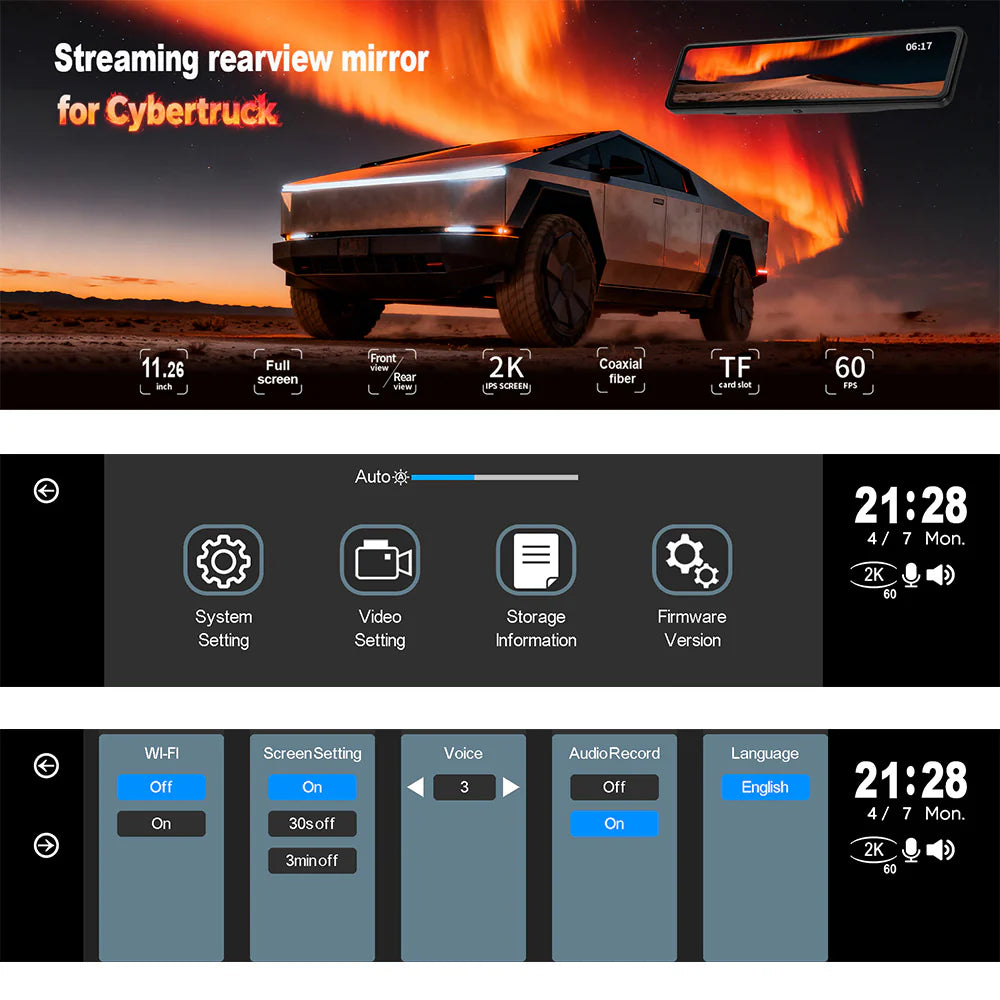 12” Smart Rearview Mirror Dash Cam for Tesla Cybertruck – YESLAK Live Streaming Mirror with Front & Rear Dual Recording, SONY IMX675 Rear Camera, Night Vision, WiFi App Control