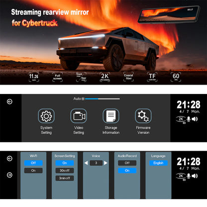 12” Smart Rearview Mirror Dash Cam for Tesla Cybertruck – YESLAK Live Streaming Mirror with Front & Rear Dual Recording, SONY IMX675 Rear Camera, Night Vision, WiFi App Control