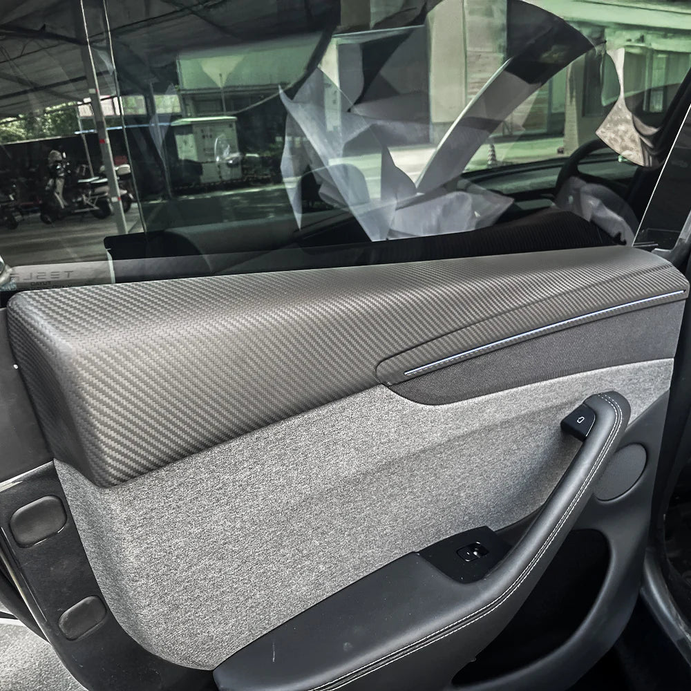 Real Dry Carbon Fiber Door Panel Trim Covers for 2026+ Tesla Model Y Juniper – Front & Rear Interior Upper Door Garnish with OEM Ambient Light Compatibility, 2x2 Twill & 1x1 Plain Weave Finish