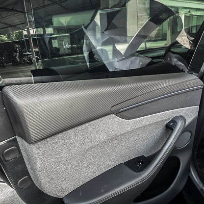 Real Dry Carbon Fiber Door Panel Trim Covers for 2026+ Tesla Model Y Juniper – Front & Rear Interior Upper Door Garnish with OEM Ambient Light Compatibility, 2x2 Twill & 1x1 Plain Weave Finish