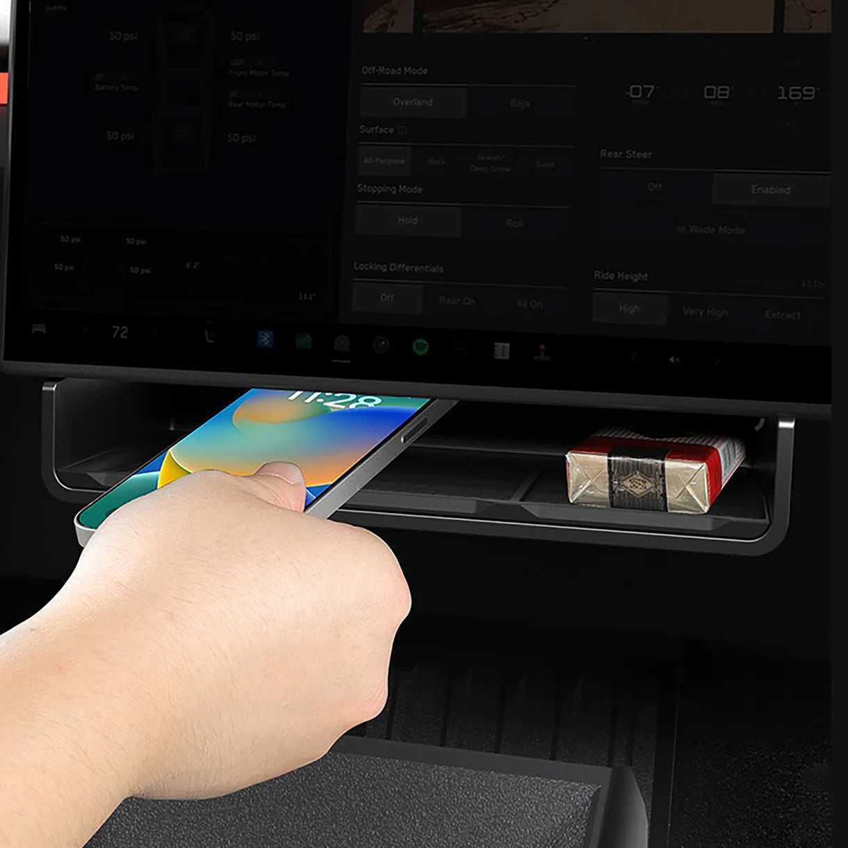 Tesla Cybertruck Under Screen Storage Organizer Tray for 2024+ Cybertruck – ABS Interior Dashboard Compartment with Non-Slip Rubber Mat for Phone, Wallet & Essentials
