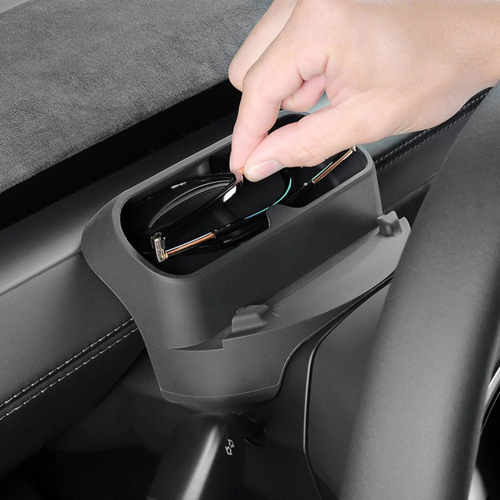 2025+ Tesla Model Y Juniper Steering Wheel Sunglasses & Phone Holder Organizer Tray | Hidden Cockpit Storage Box with Anti-Slip Mobile Mount for Tesla Model Y Standard / Long Range / Performance / Y L