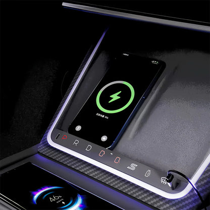 Smart Center Console Button Panel for 2025.03+ Tesla Model Y Juniper – Model X-Inspired Gear Selector Upgrade with LED Ambient Lighting, Physical Shortcut Controls for Drive/Reverse/Park, Door Access, Climate & Performance Functions