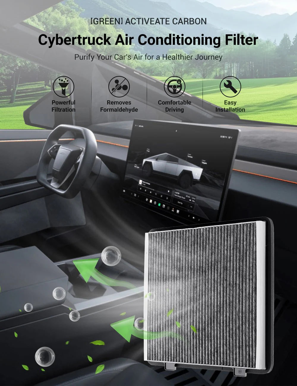Activated Carbon HEPA Cabin Air Filter for Tesla Cybertruck (2024-2026+) | Multi-Layer PM2.5 Protection | OEM-Fit Replacement