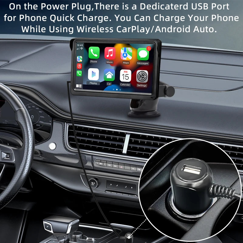 Hippcron 7 inch CarPlay, The Hippcron player features a USB port with quick charge capabilities and allows wireless connectivity to CarPlay or Android Auto.