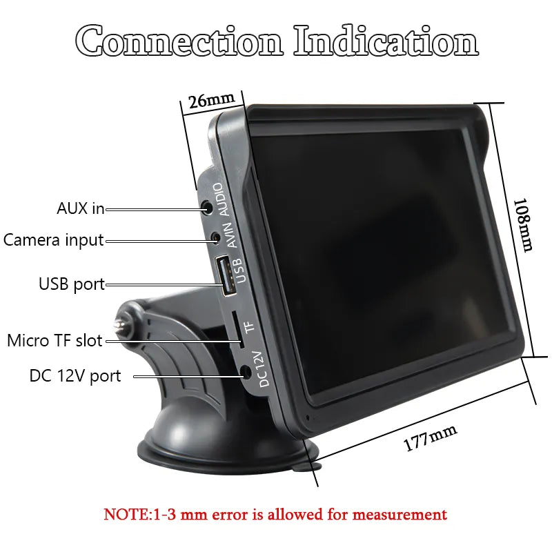 Hippcron 7 inch CarPlay, The device has various ports and connections including an AUX-in, camera input, USB port, micro TF slot, and DC 12V power input.